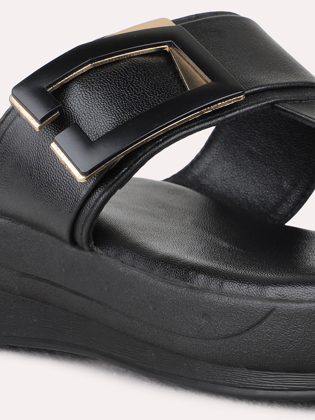 Womens Black Party Wear Round Toe Wedge Heel Sandals