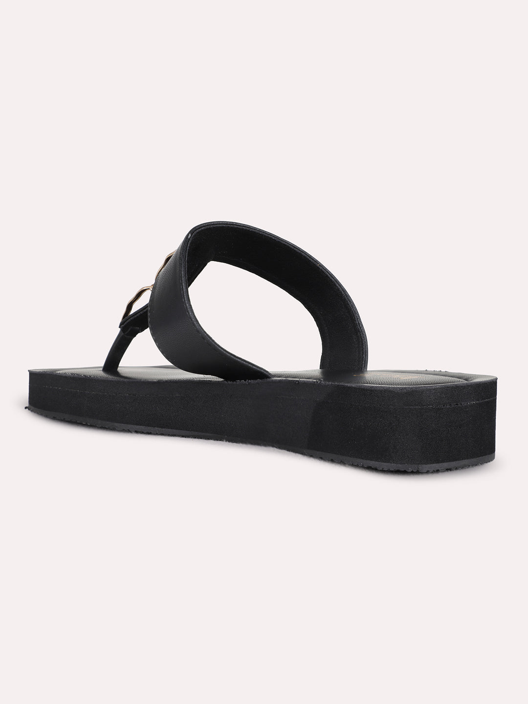 Womens Black Casual Solid T-Strap Flat Slip-on Sandals