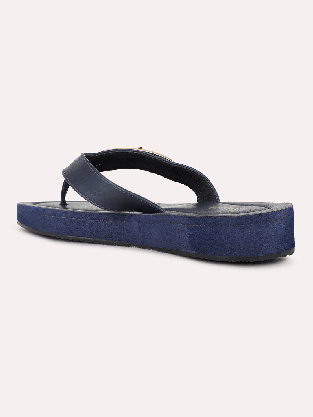 Womens Navy Casual Solid T-Strap Flat Sandals