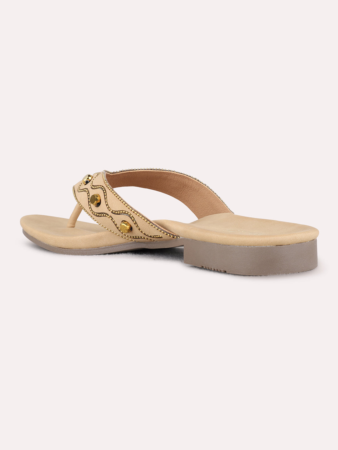 Womens Beige Ethnic Embellished T-Strap Flat Slip-Ons