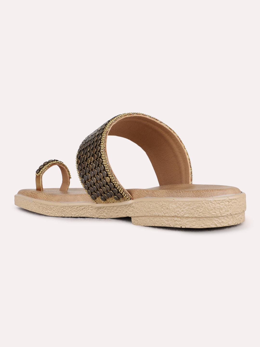 Womens Golden Ethnic Embellished Pattern One Toe Flats