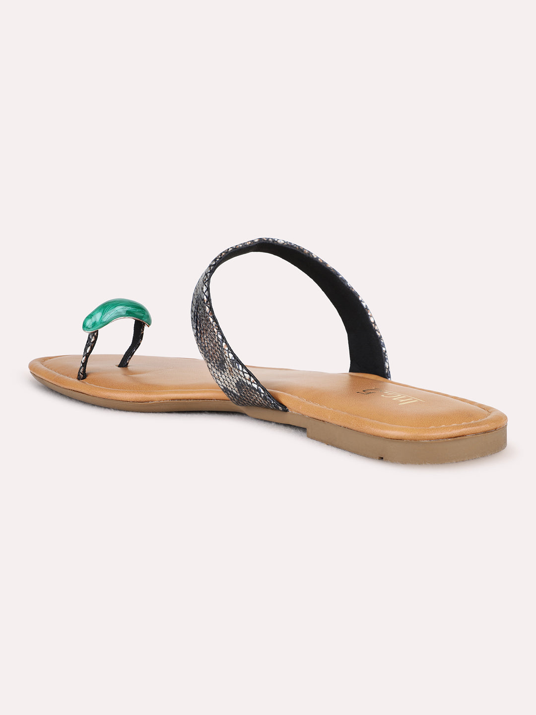 Womens Green Casual Printed One Toe Flat Sandals