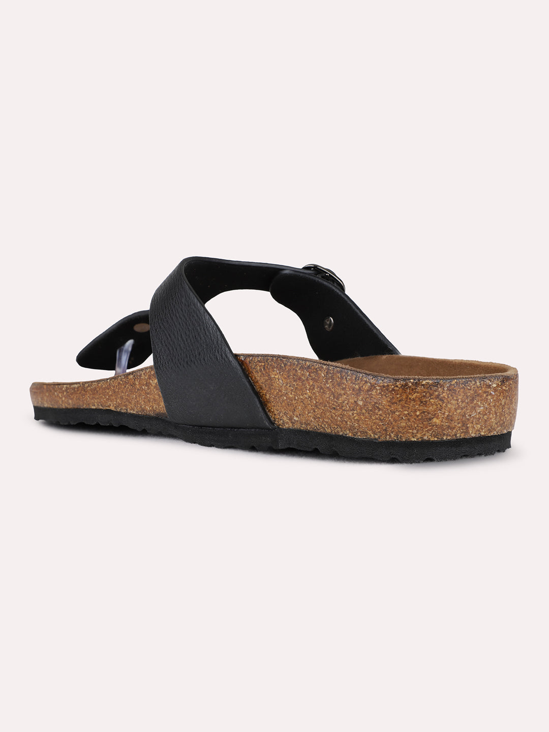 Womens Black Casual Solid T-Strap Flat Slip-On Sandals
