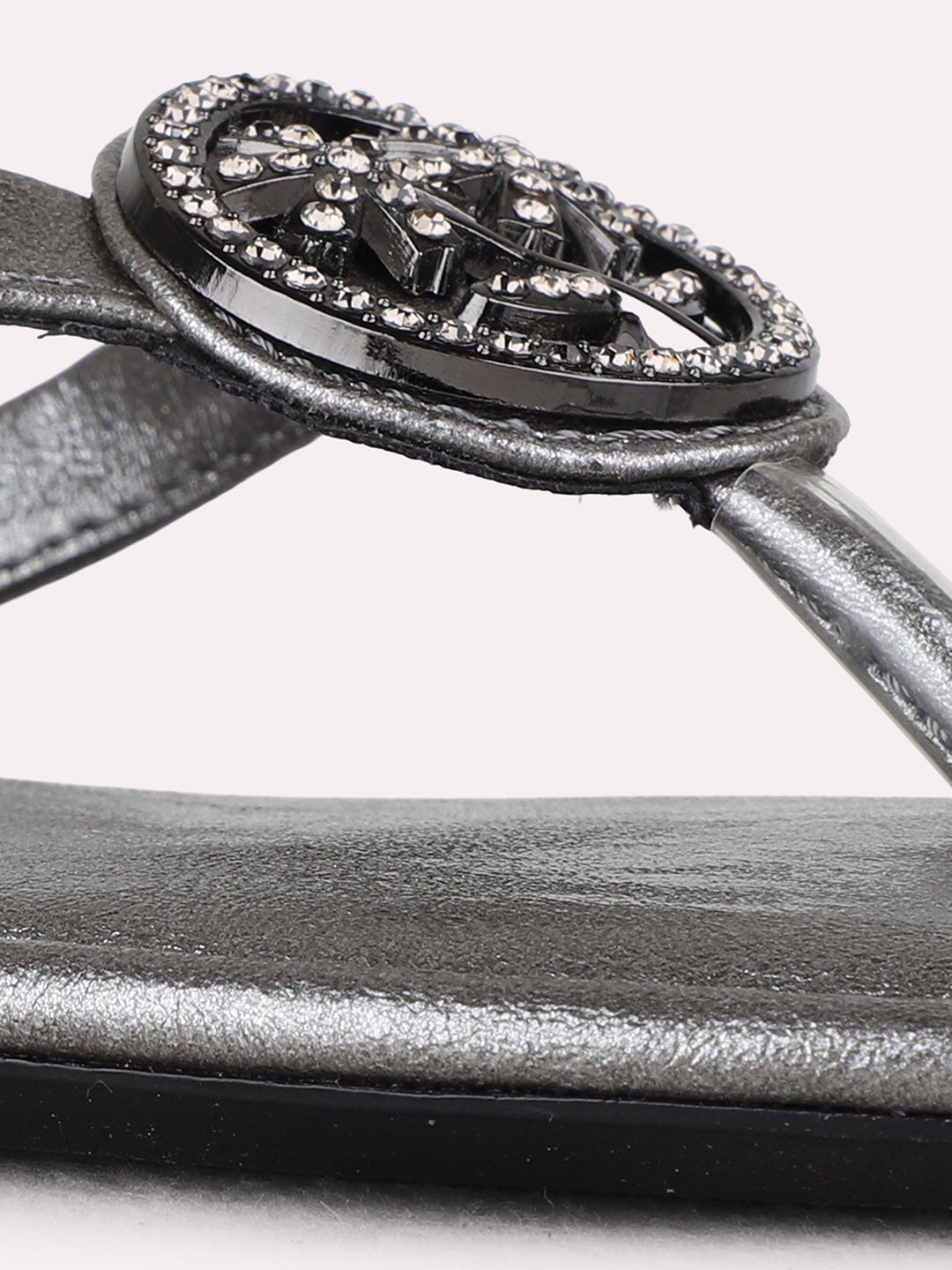 Womens Pewter Casual Solid T-Strap Flats