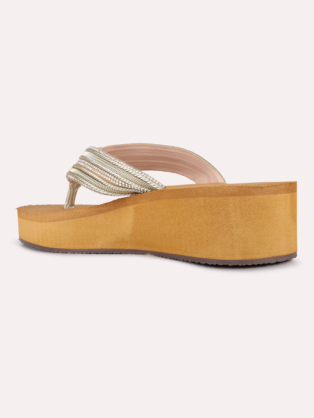 Womens Golden Casual Embellished Round Toe Wedge Heels