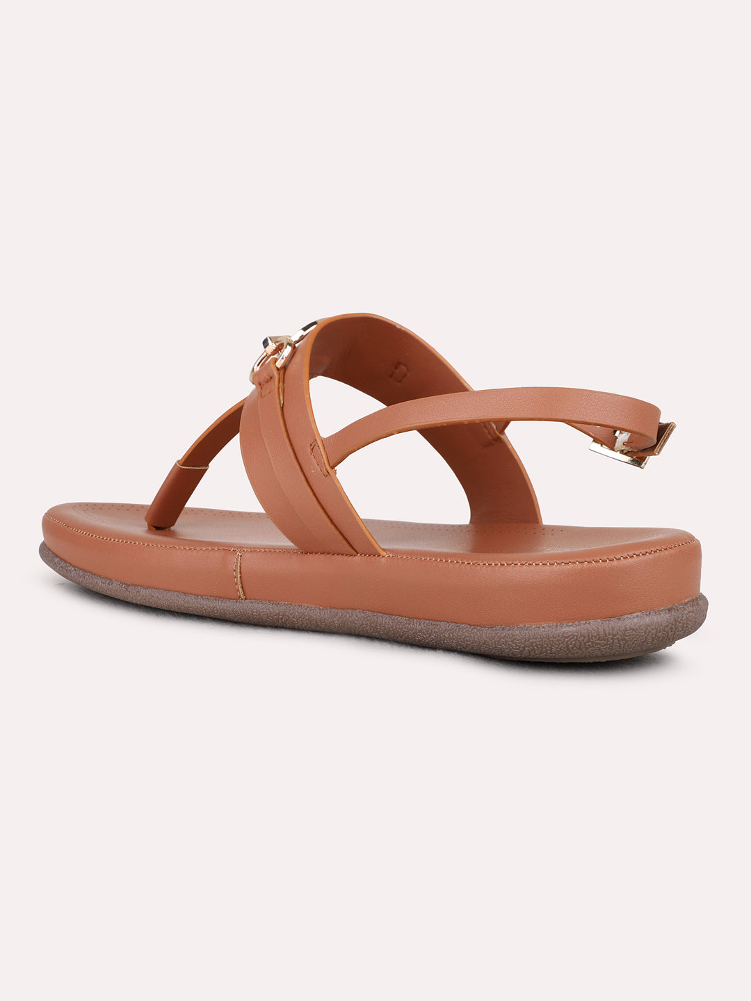 Womens Tan Casual Striped T-Strap Flat Sandals