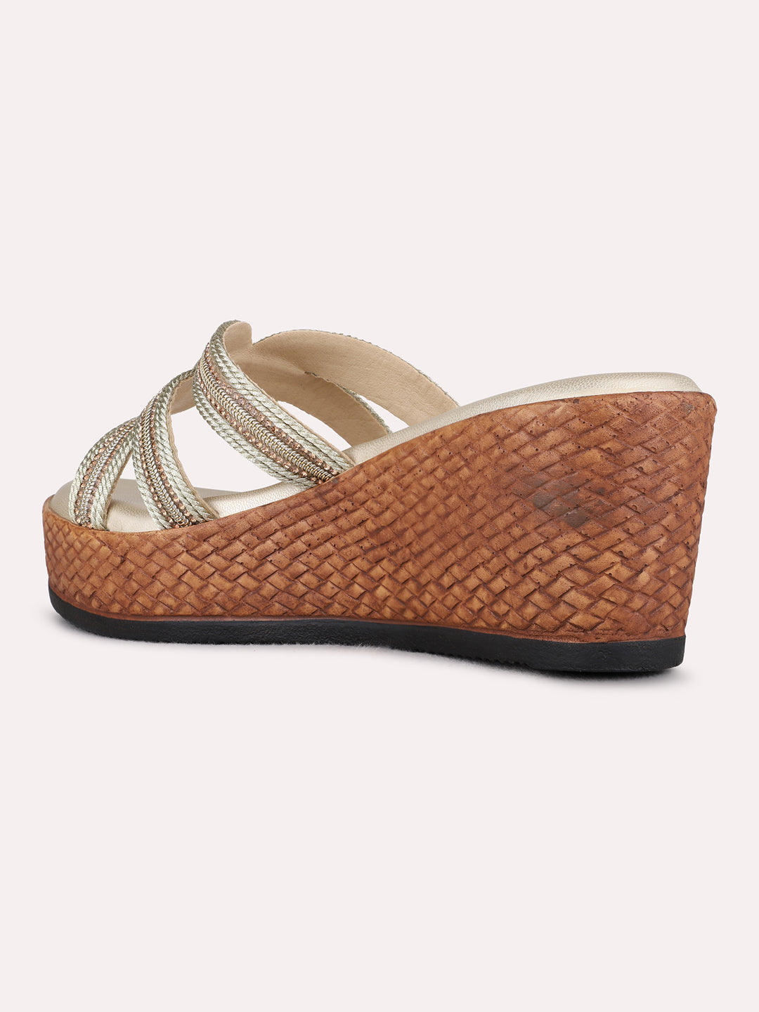 Womens Golden Ethnic Embellished Pattern Round Toe Wedge Heel Sandals