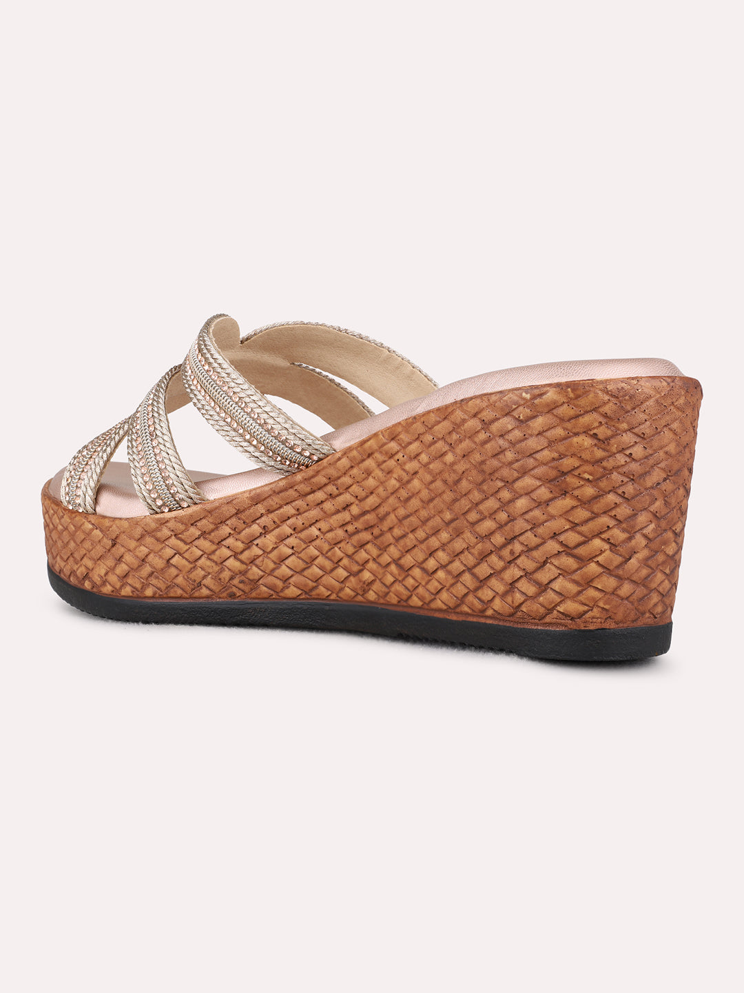 Womens Rose Gold Ethnic Round Toe Wedge Heel Sandals