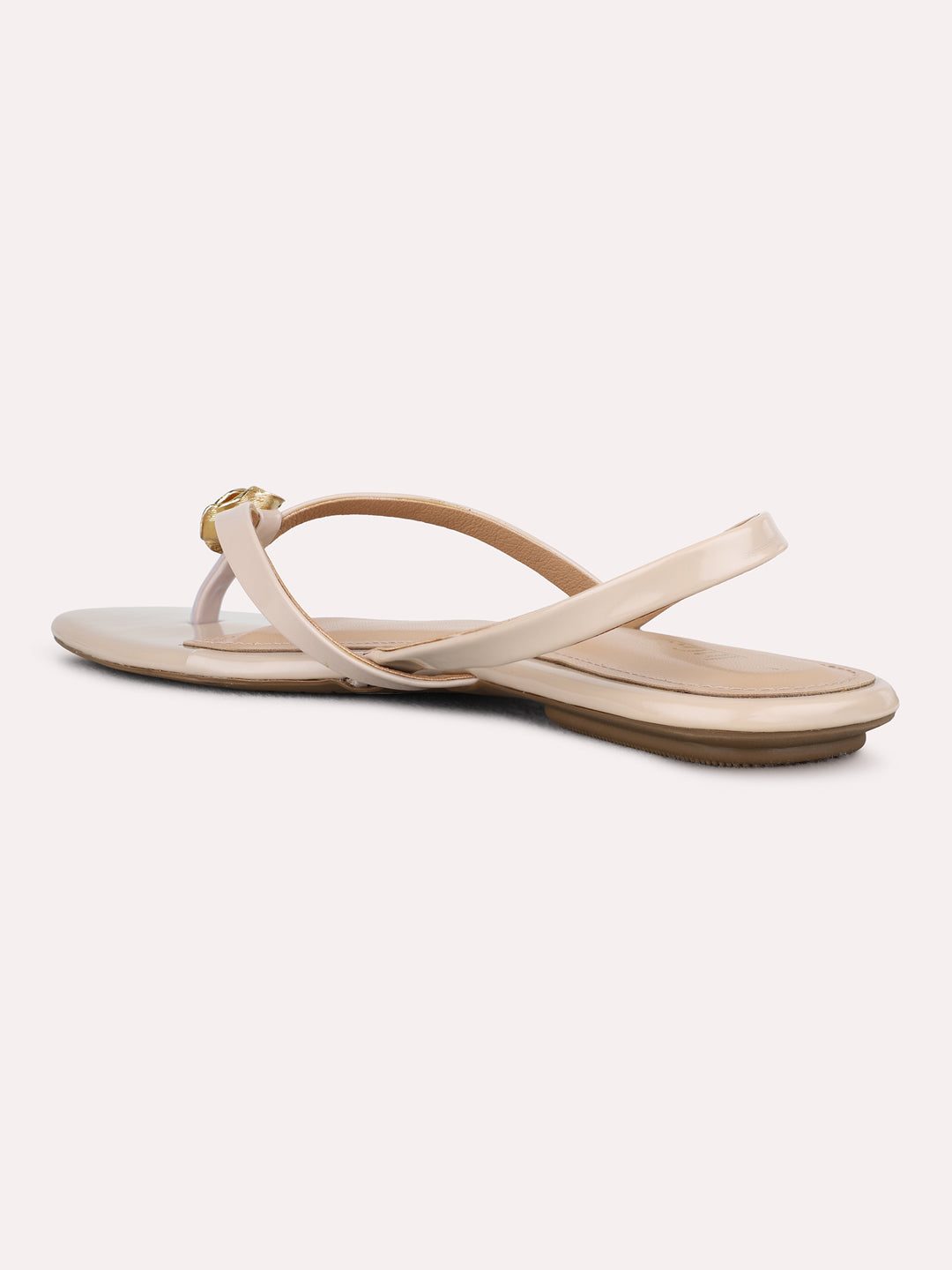 Womens Beige Casual Striped T-Strap Flat Sandals