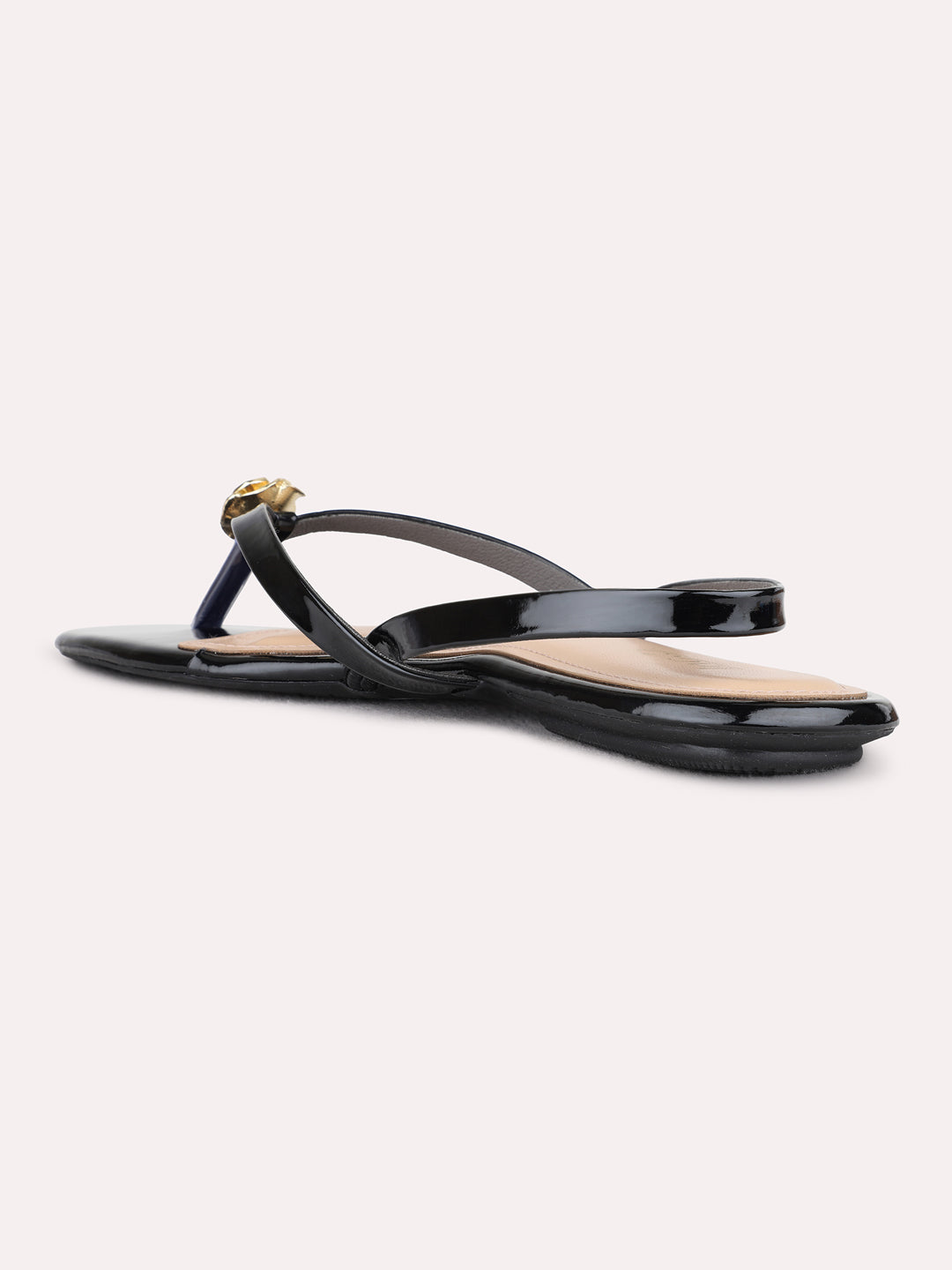 Womens Black Casual Solid T-Strap Flat Sandals