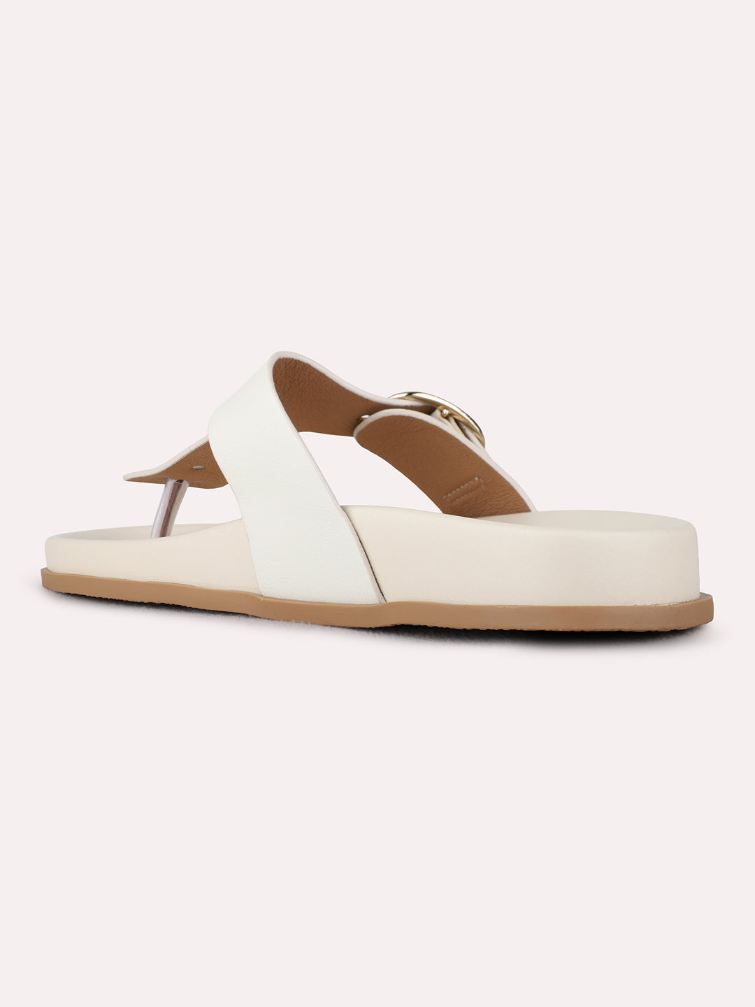 Womens Cream Casual Solid T-Strap Flat Sandals