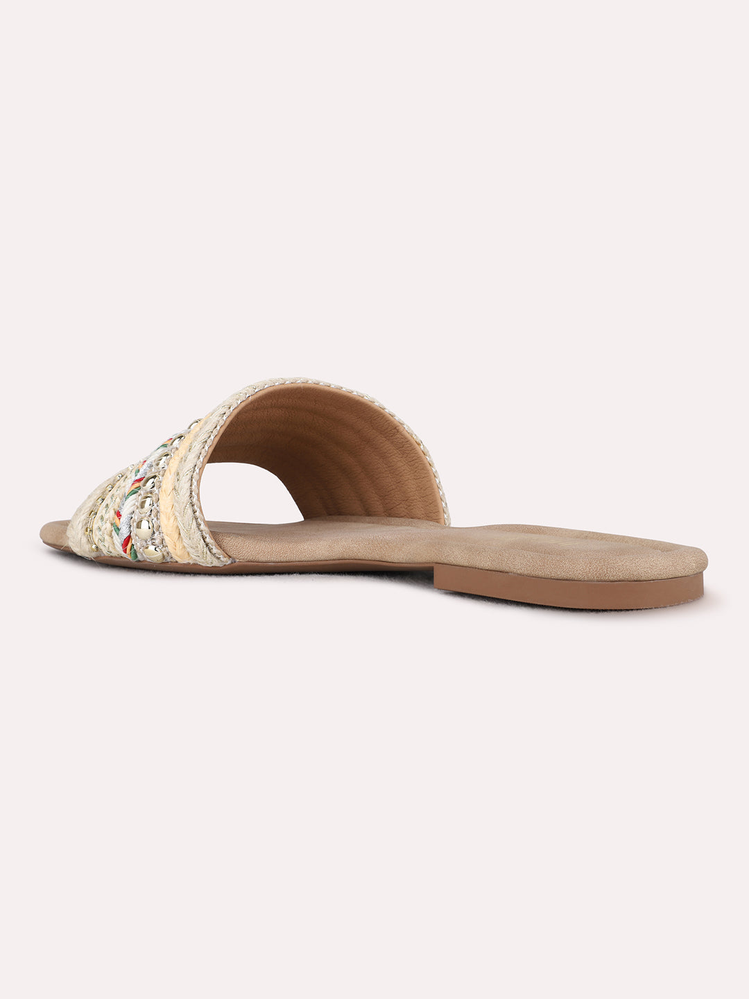 Womens Beige Party Wear Embellished Open Toe Flat Slip-On Sandals
