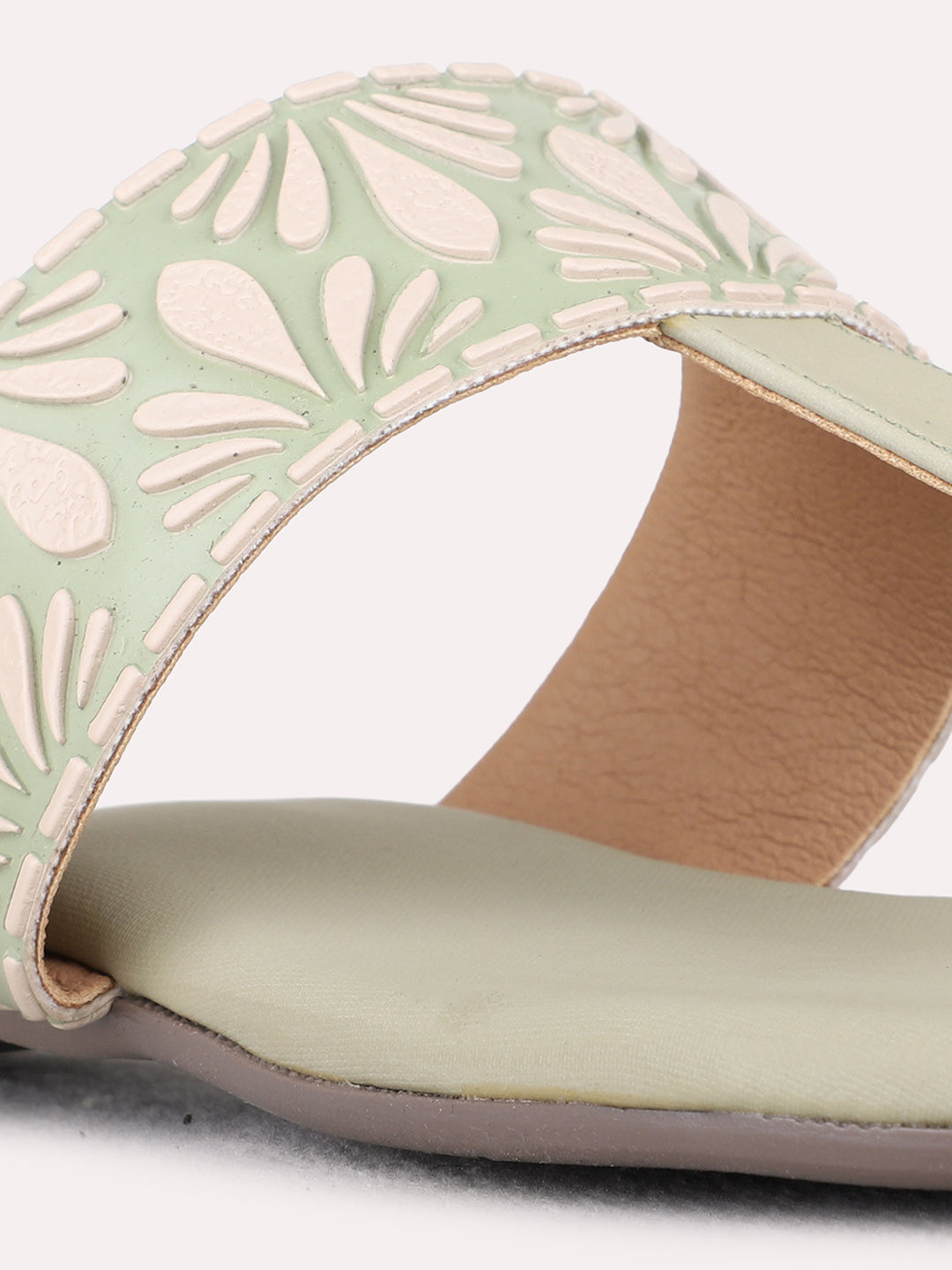 Womens Green Casual Printed T-Strap Flat Slip-Ons