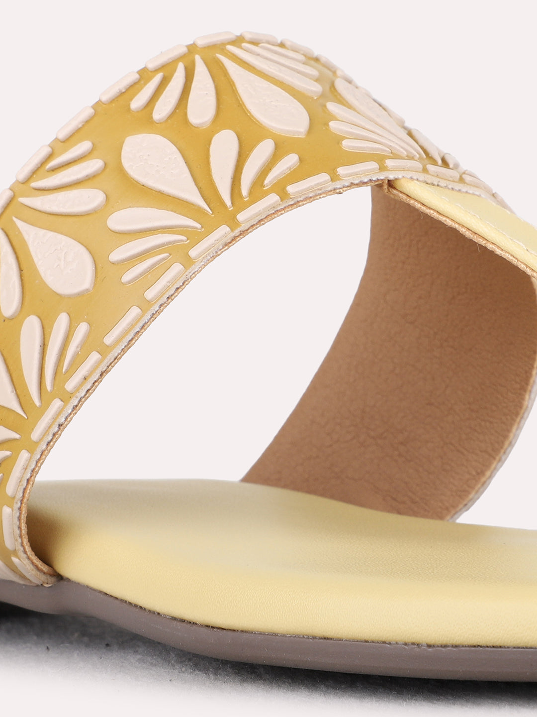 Womens Yellow Casual Printed T-Strap Flat Slip-Ons