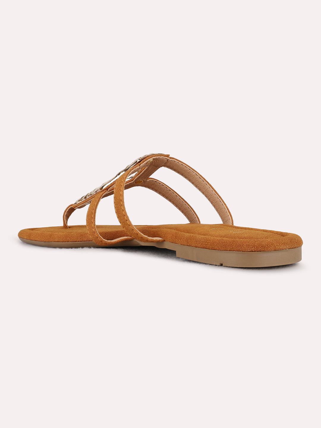 Womens Tan Ethnic Solid T-Strap Flat Slip-On Sandals