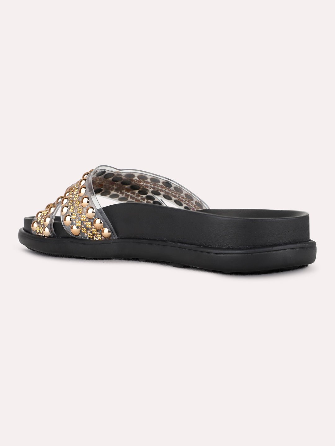 Womens Golden Party Wear Embellished Open Toe Flat Slip-On Sandals