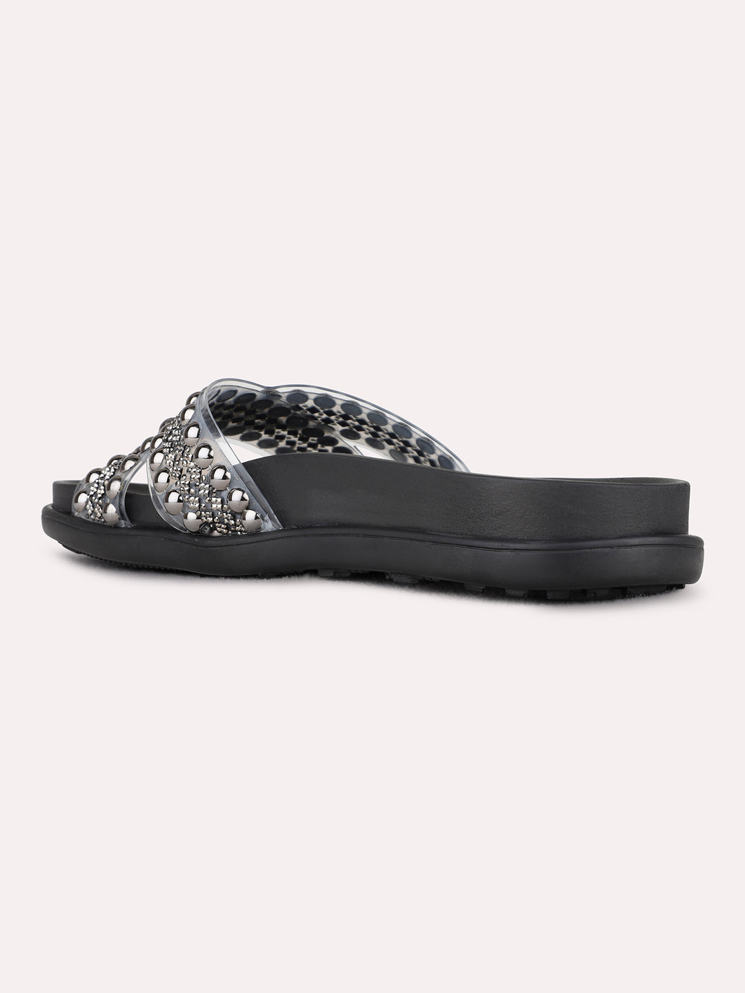 Womens Pewter Party Wear Embellished Open Toe Flat Slip-On Sandals