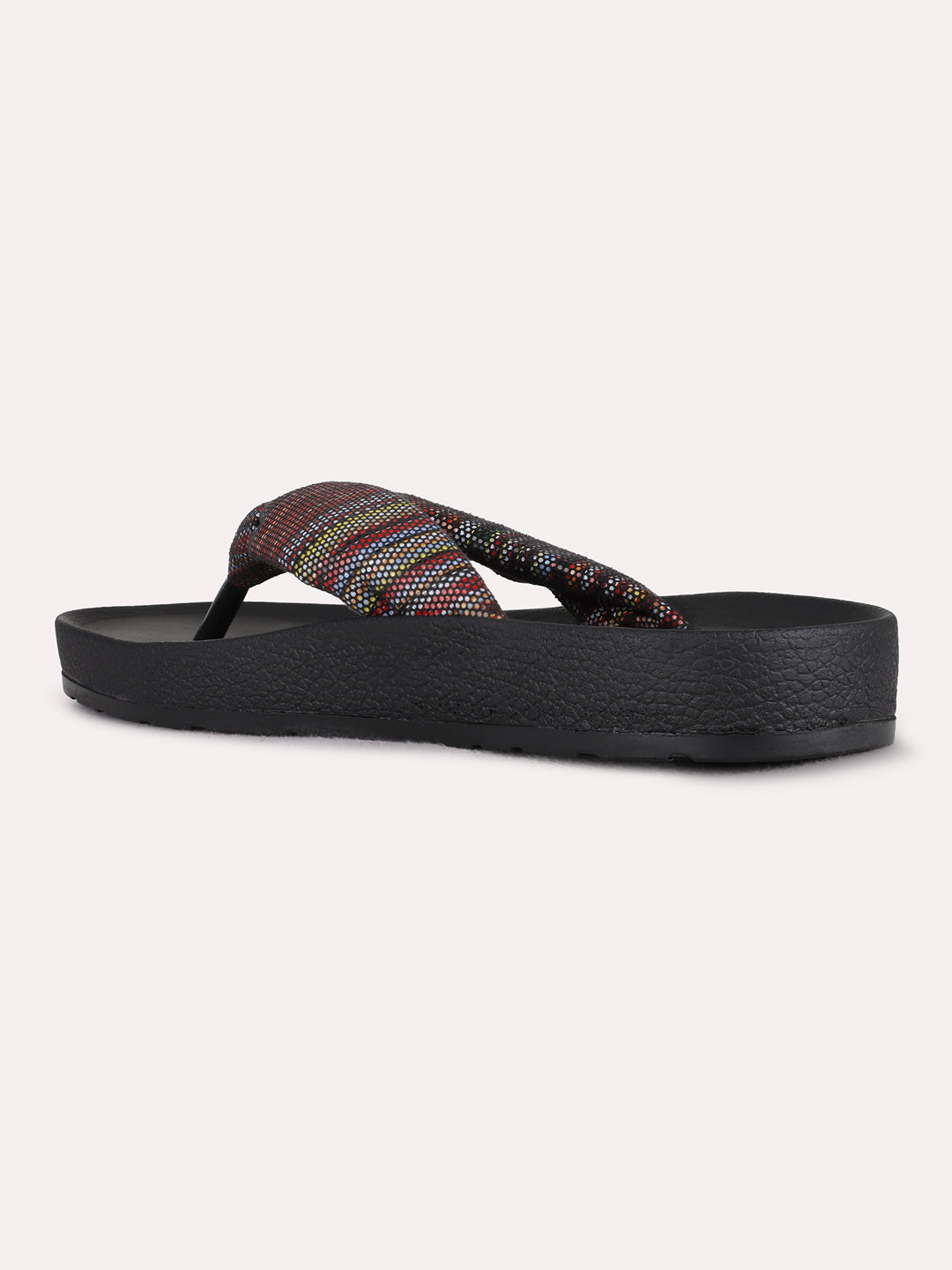 Womens Multi Casual Printed T-Strap Flat Slip-Ons
