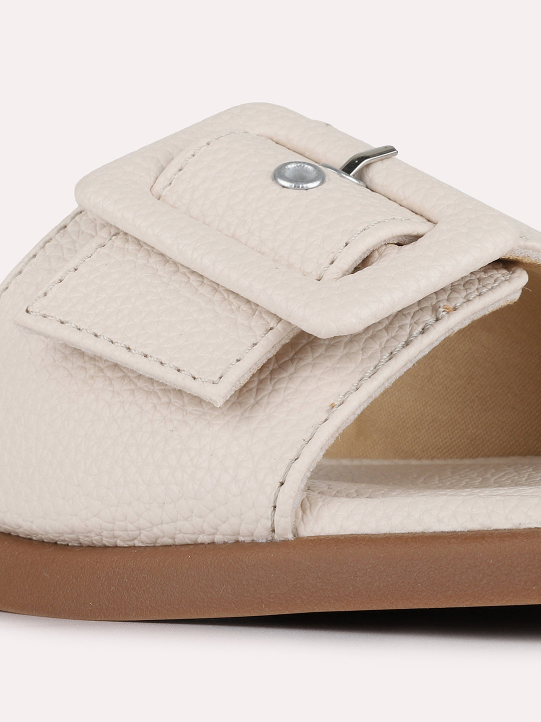 Womens Cream Casual Solid Pattern Open Toe Slip-On Flats