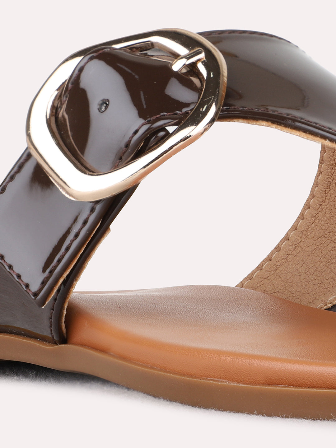Womens Brown Casual Solid T-Strap Flat Slip-Ons