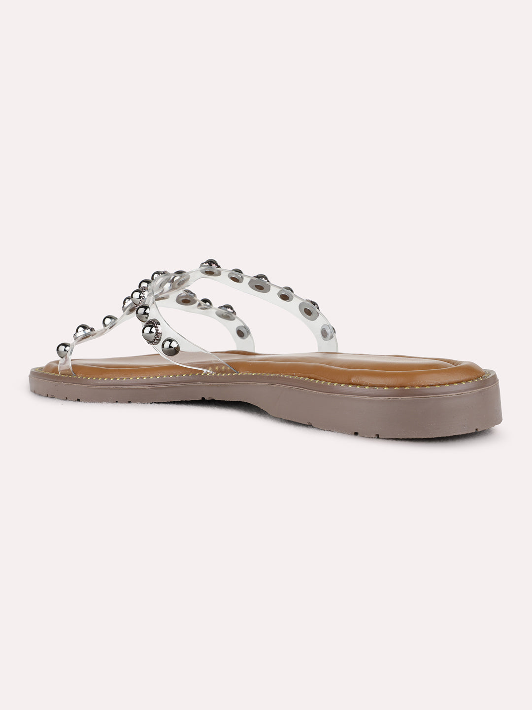 Womens Pewter Ethnic Transparent Open Toe Flat Slip-On Sandals