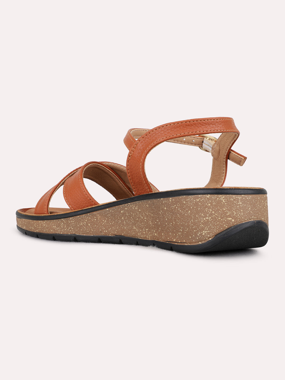 Womens Tan Party Wear Striped Round Toe Wedge Heel Sandals