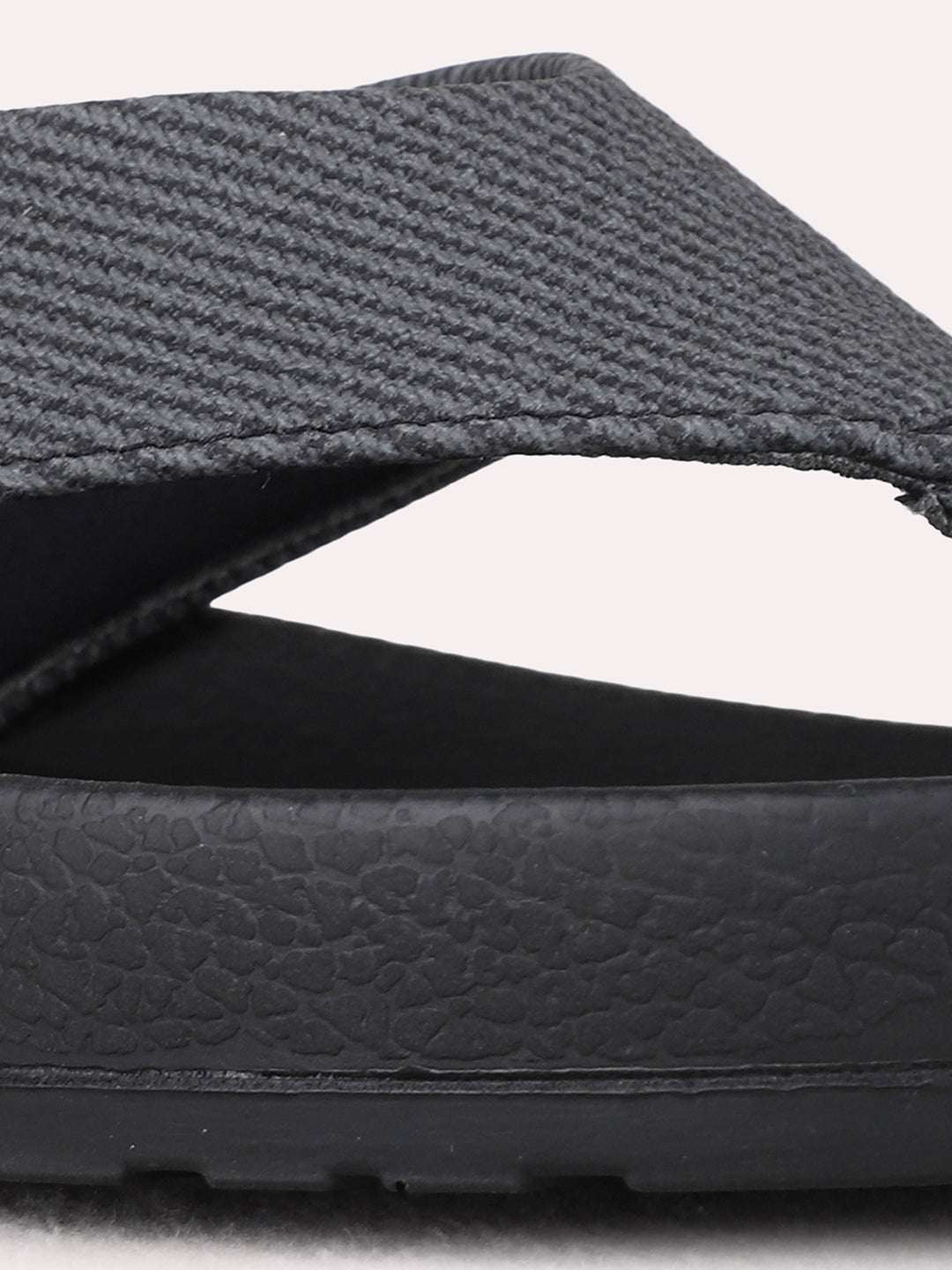 Womens Black Casual Embossed T-Strap Flat Slip-Ons