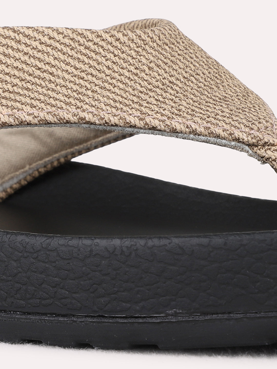 Womens Beige Casual Embossed T-Strap Flat Slip-Ons