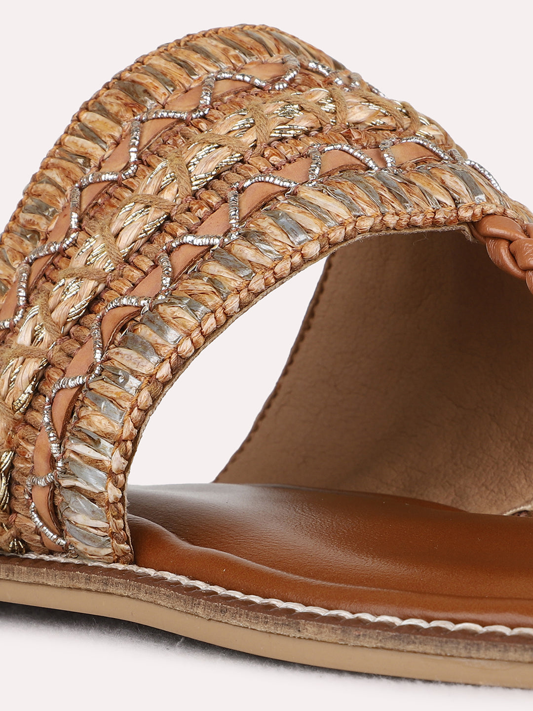 Womens Beige Casual Embellished Pattern T-Strap Flats