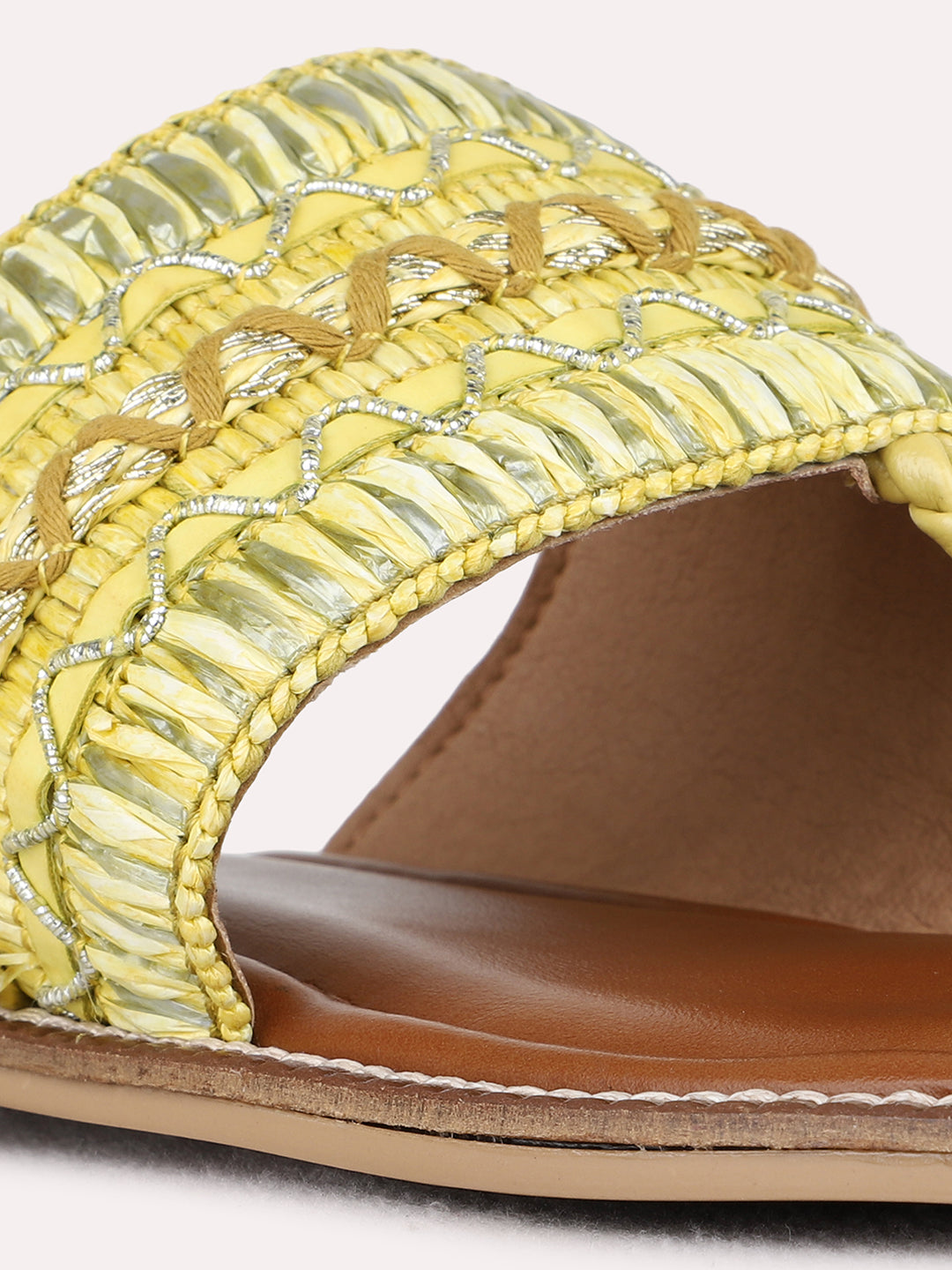 Womens Yellow Casual Embellished T-Strap Flats