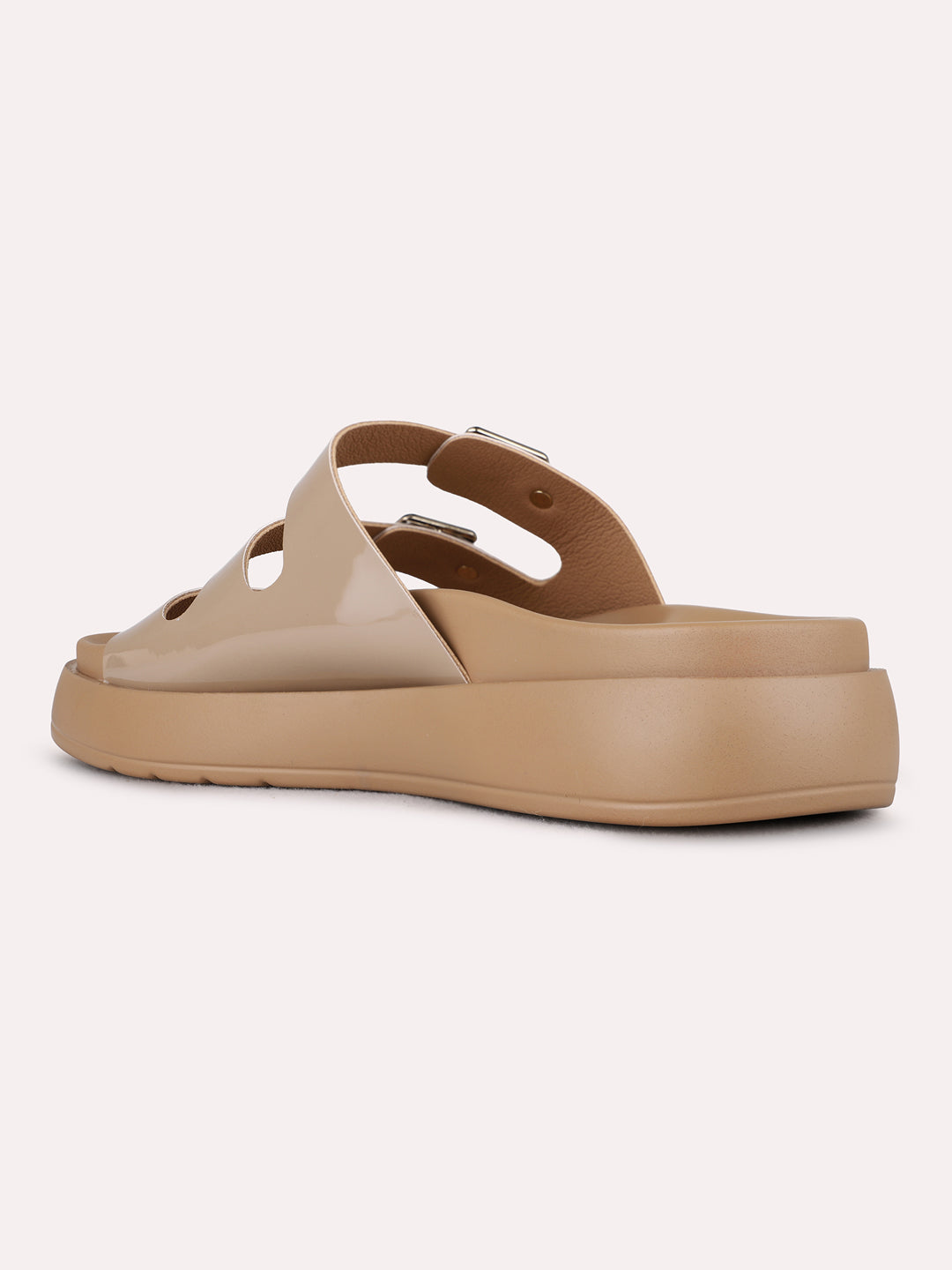 Womens Beige Casual Solid Pattern Open Toe Flat Slip-Ons