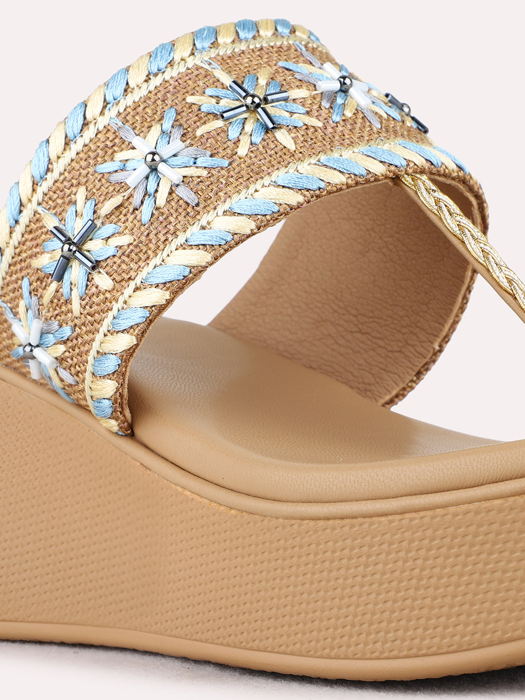 Womens Blue Ethnic Embellished Round Toe Wedge Heels