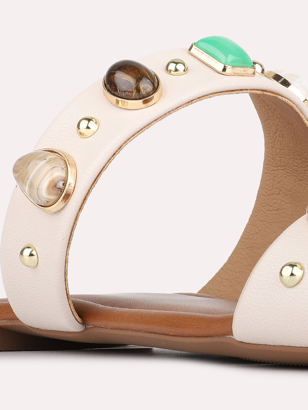 Womens Cream Casual Embellished Pattern Open Toe Slip-On Flats