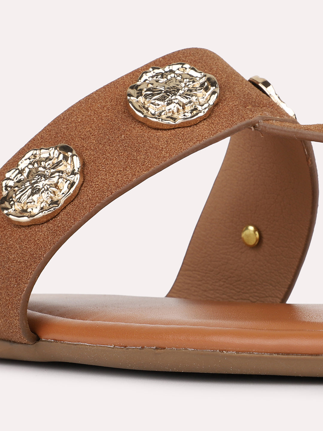 Womens Tan Casual Embellished T-Strap Slip-On Flats