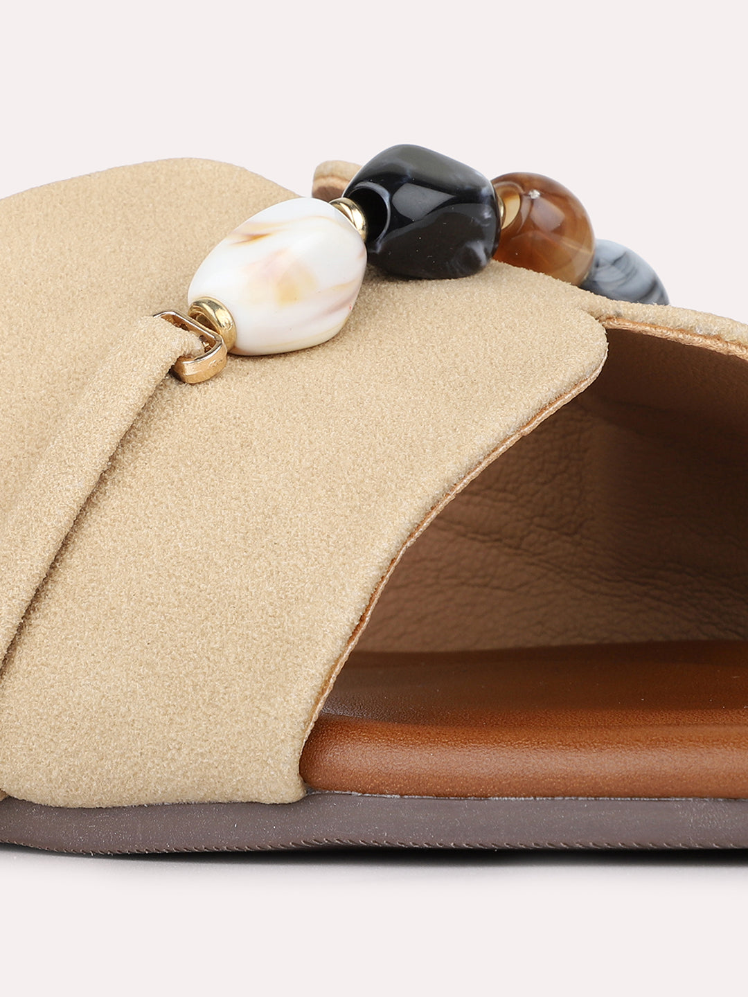 Womens Beige Casual Solid Pattern Open Toe Flat Slip-Ons