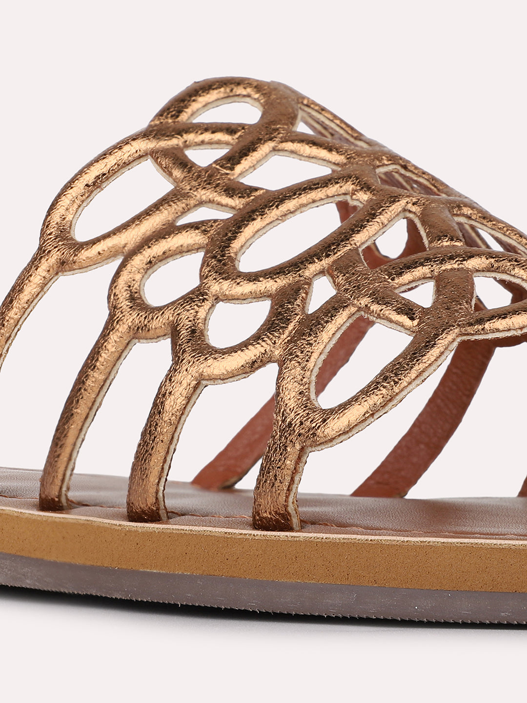 Womens Golden Casual Pattern Striped Open Toe Slip-On Flats