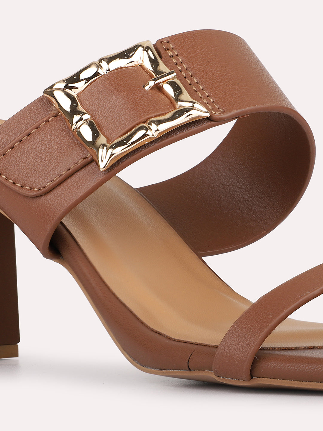 Womens Tan Party Wear Embroidered Square Toe Block Heels