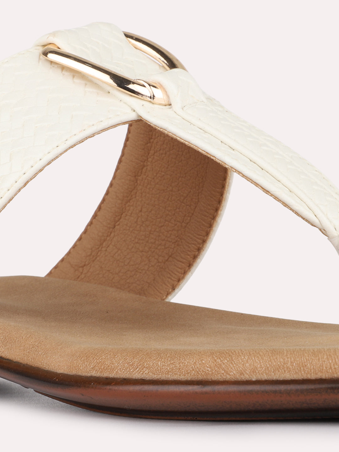 Womens Cream Casual Solid T-Strap Slip-On Flats