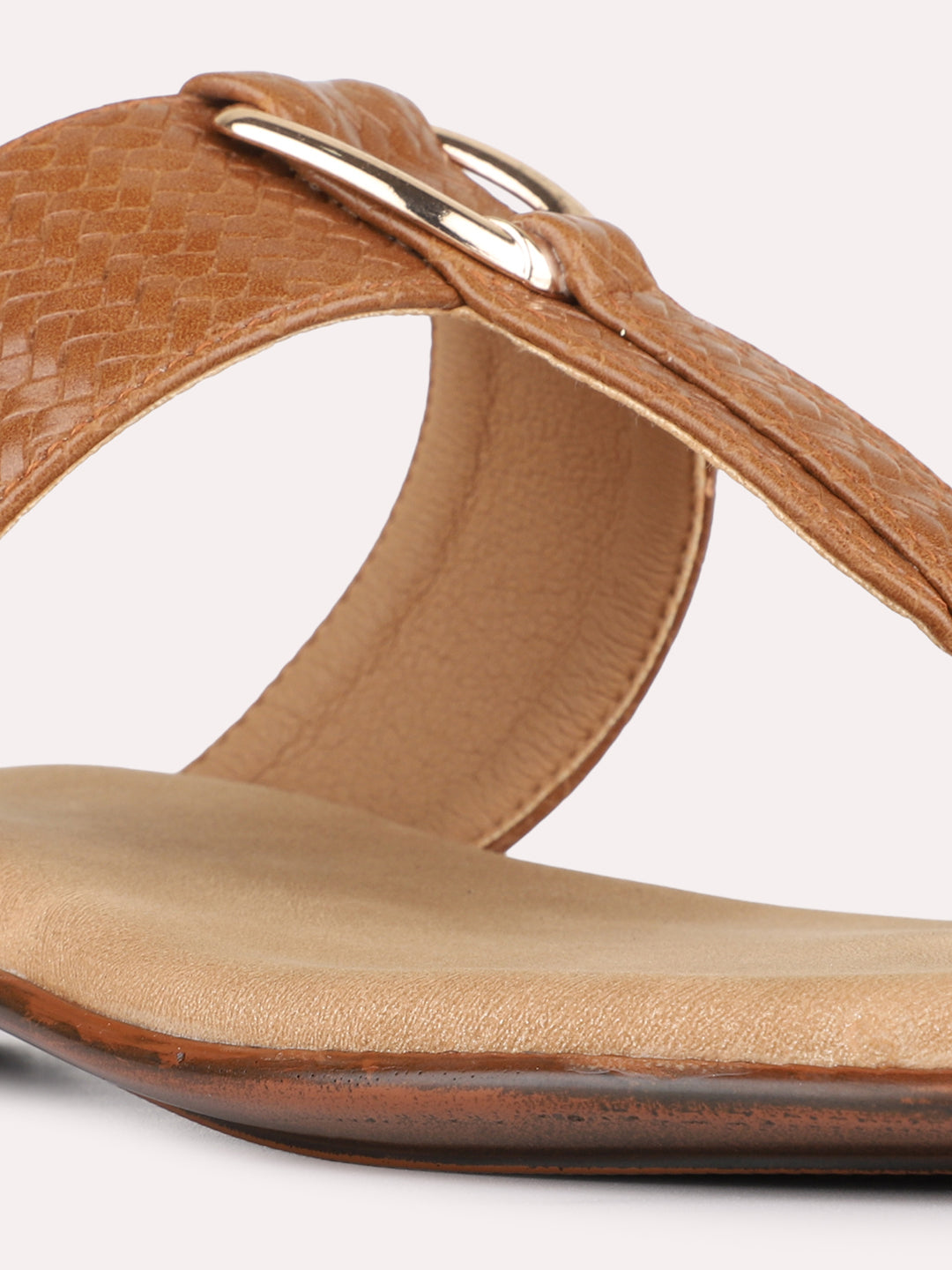 Womens Tan Casual Solid T-Strap Slip-On Flats