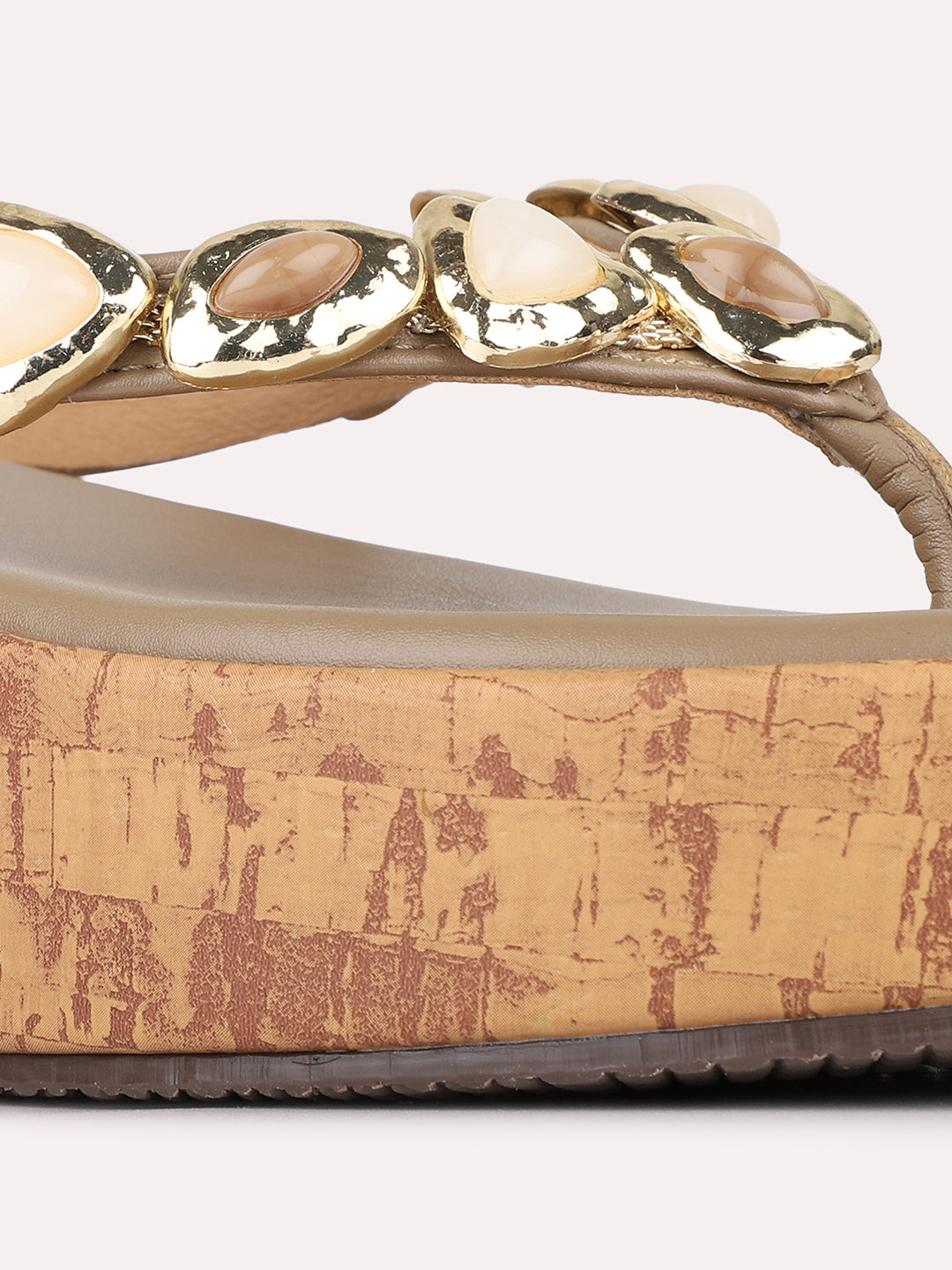 Womens Tan Casual Embellished Pattern Round Toe Wedge Heels