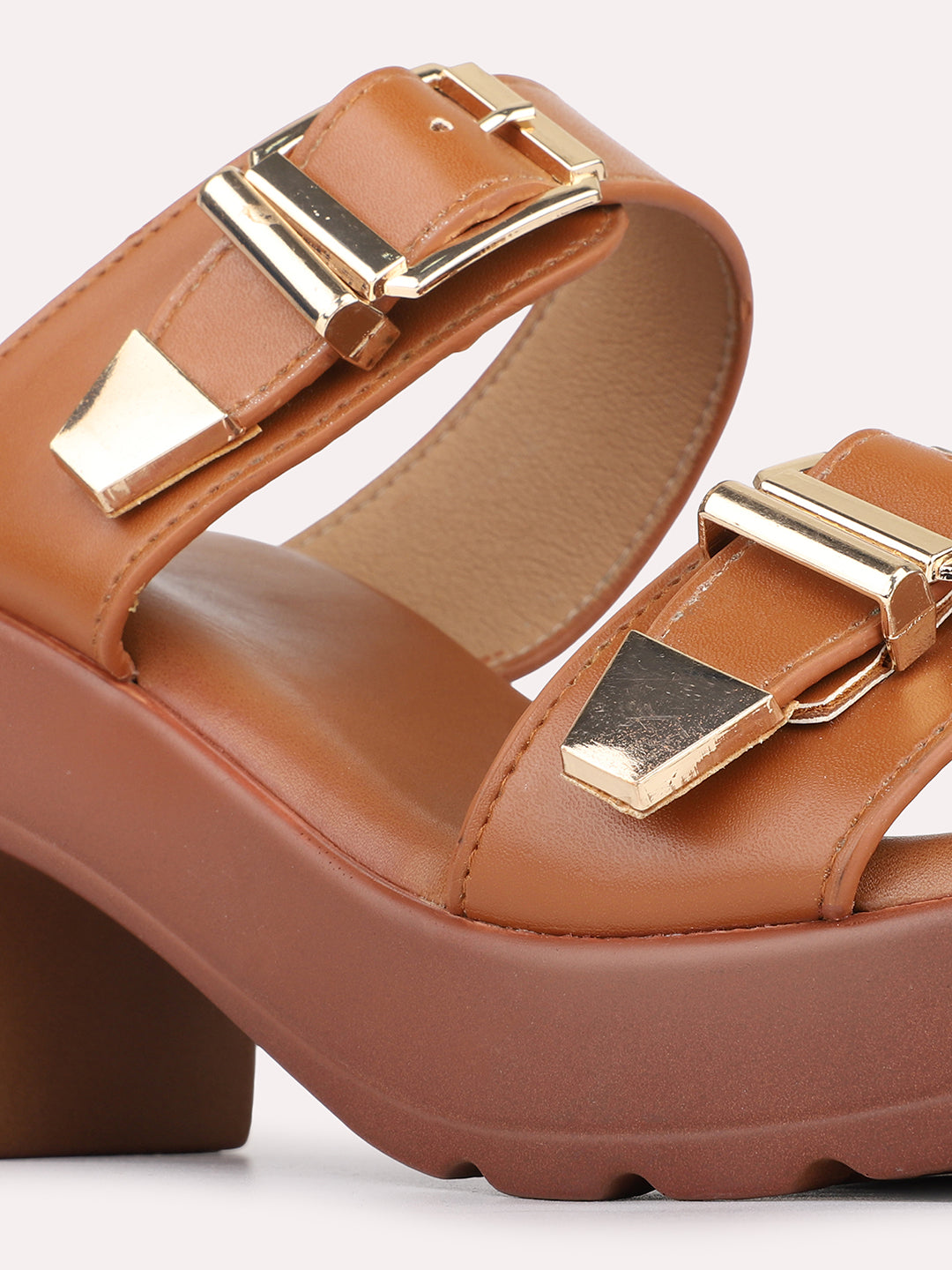 Womens Tan Casual Solid Pattern Round Toe Platform Heels