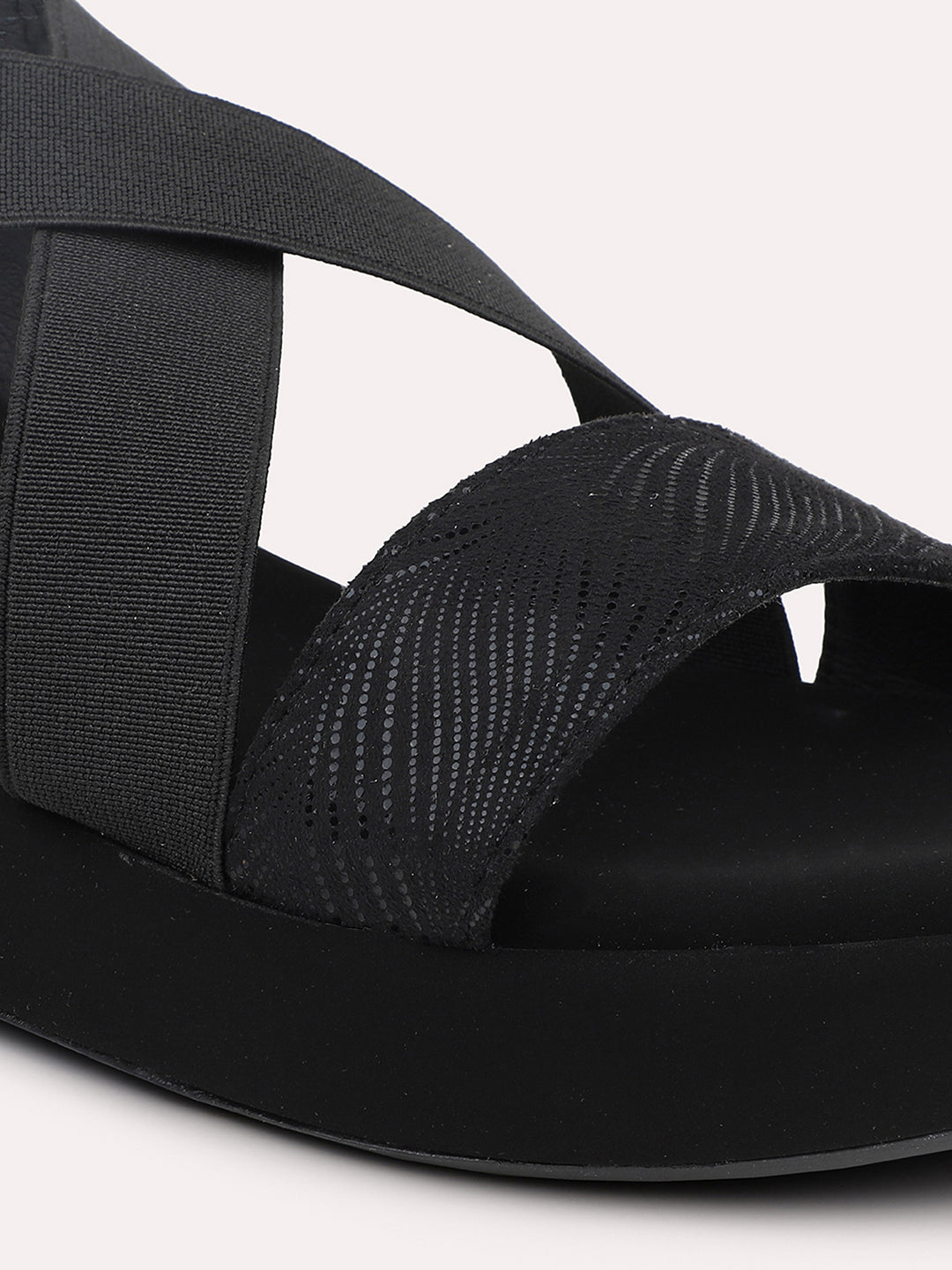 Women Black Textured Open-Toe Wedges