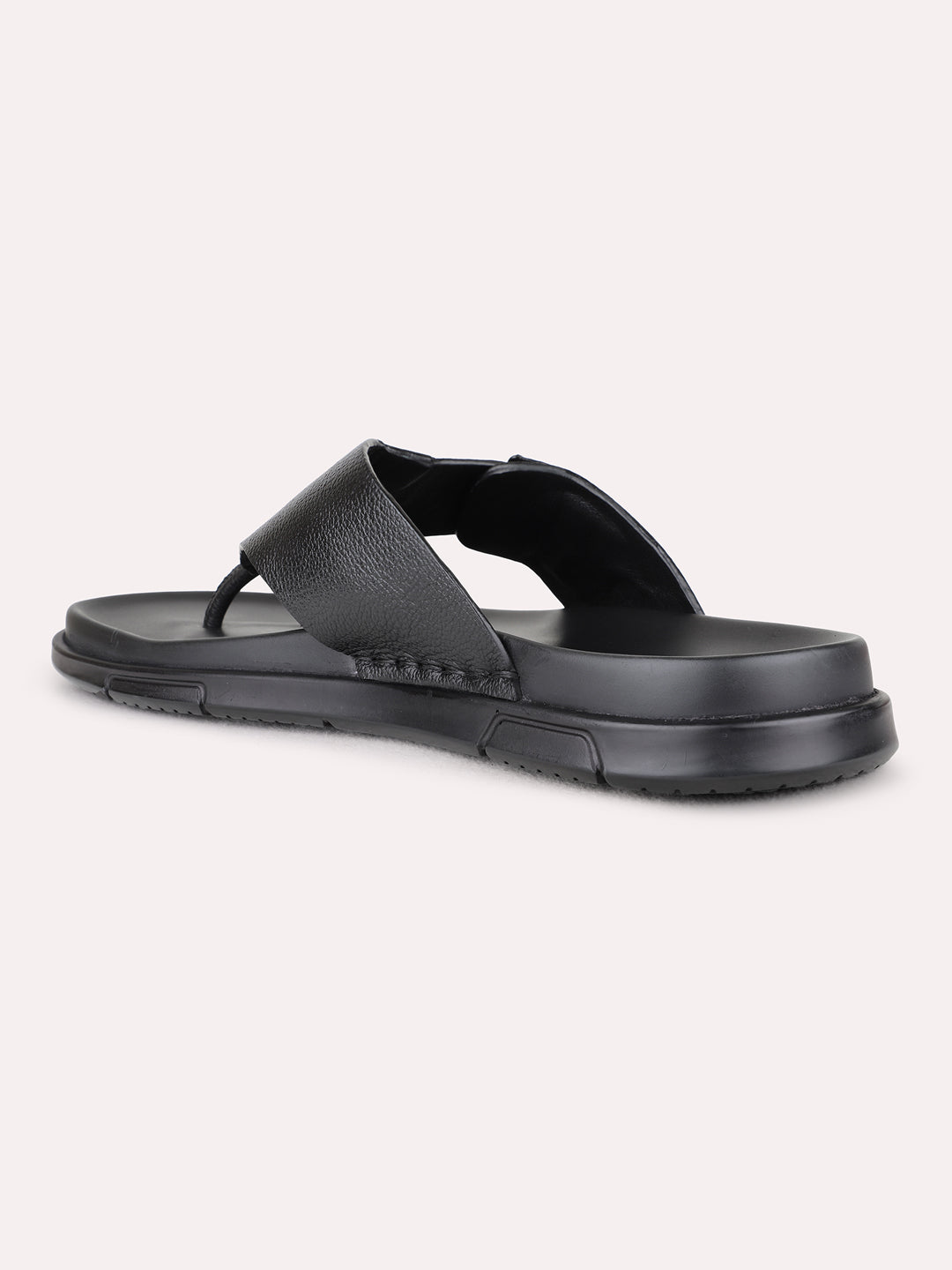Mens Black Casual Solid Pattern Round Toe T-Strap Flat Sandals