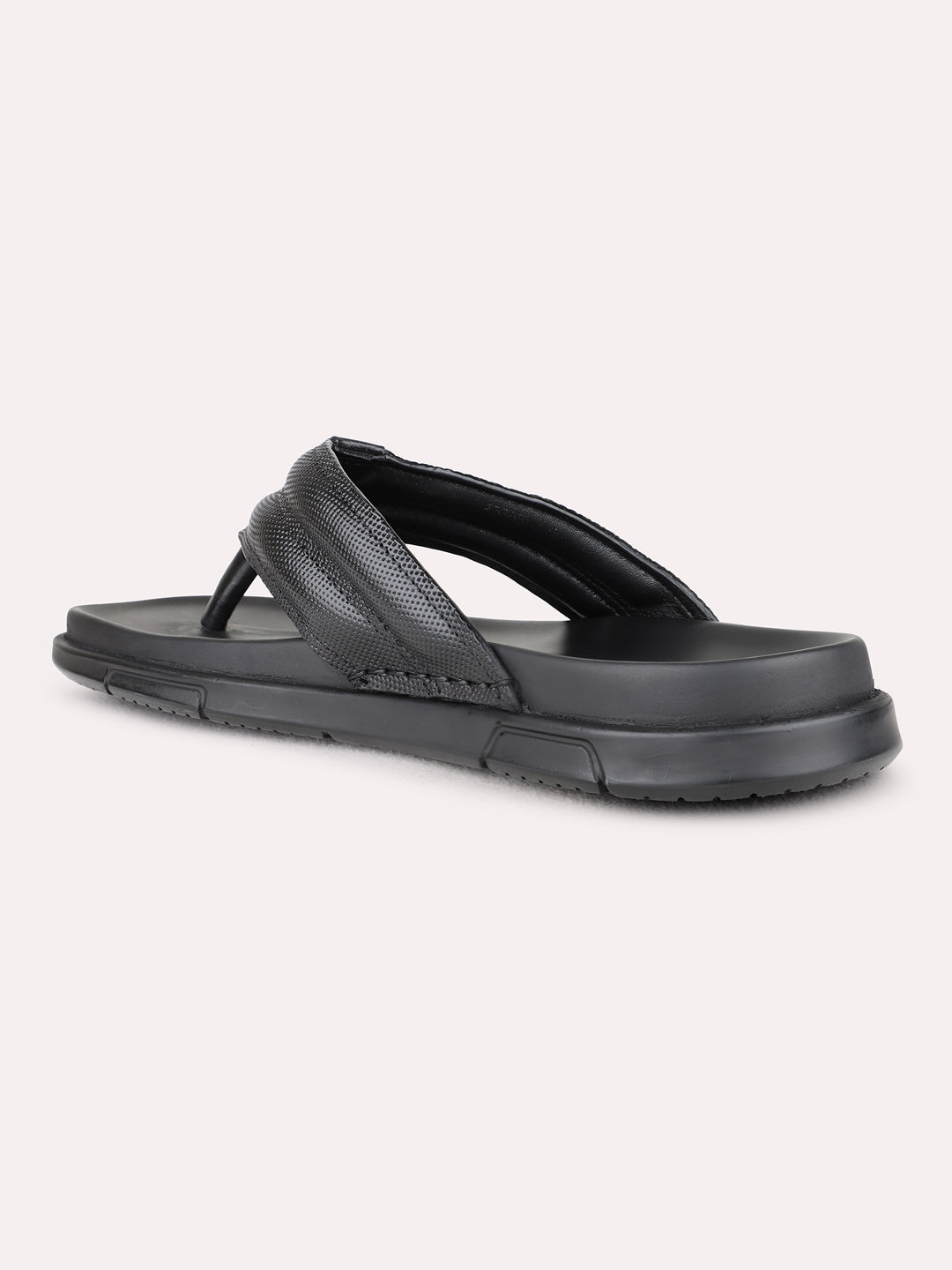 Mens Black Casual Solid Round Toe T-Strap Flat Sandals