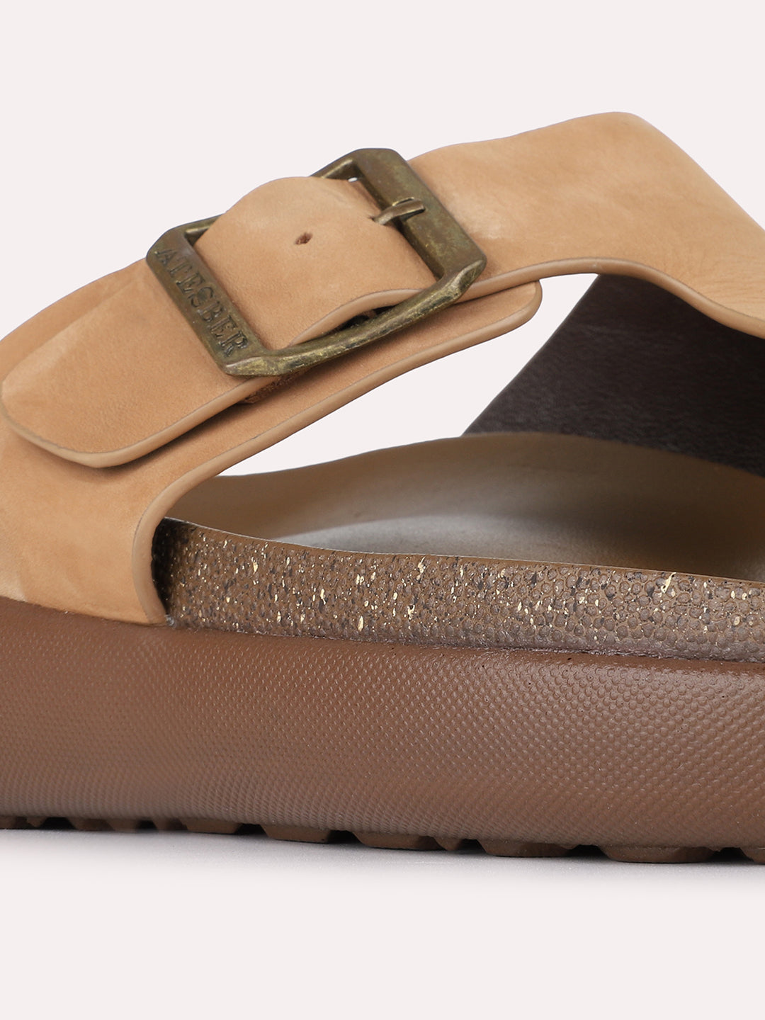 Mens Tan Casual Solid T-Strap Slip-On Flats