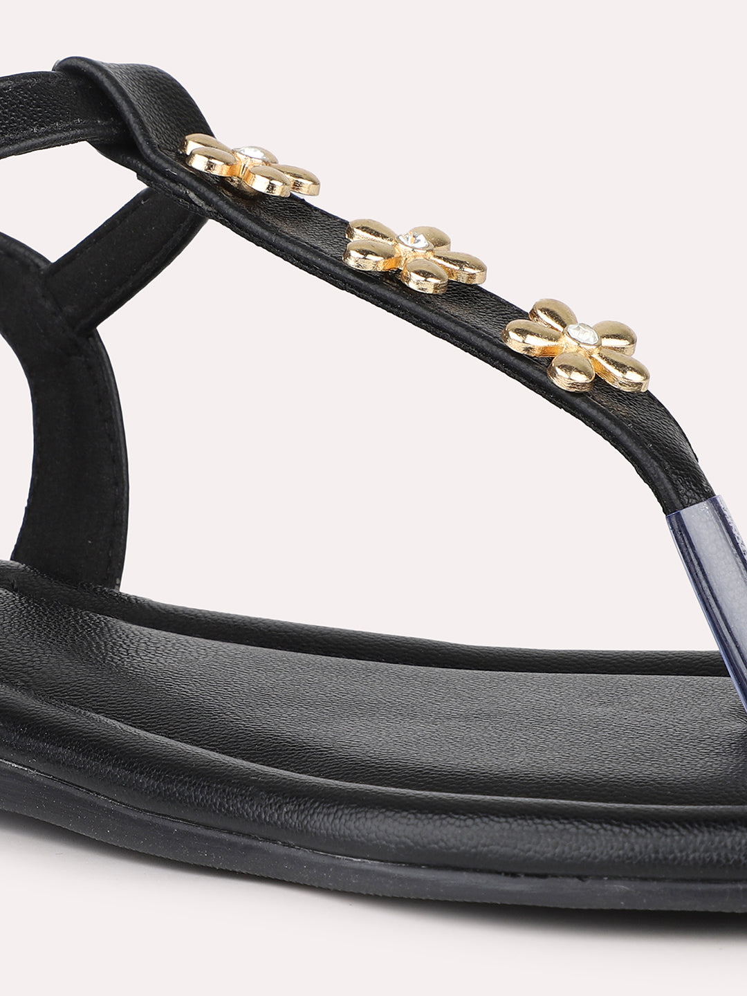 Women Black And Gold-Toned Studded T-Strap Flats
