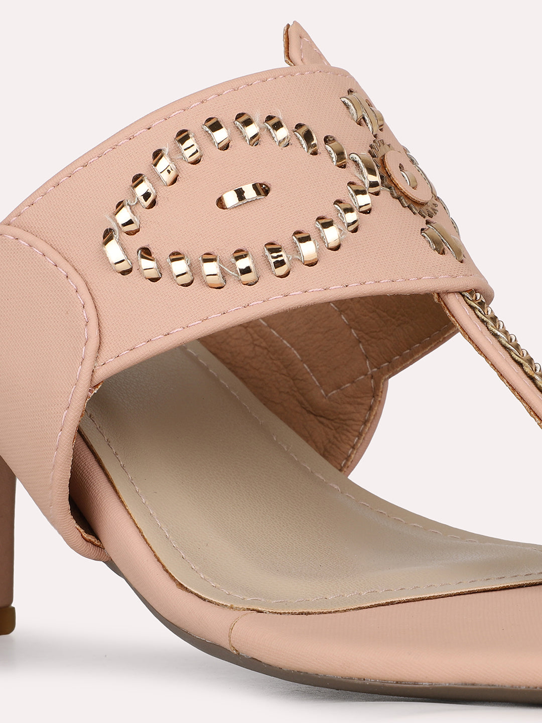 Womens Peach Solid Round Toe Party Wear Block Heels Sandals