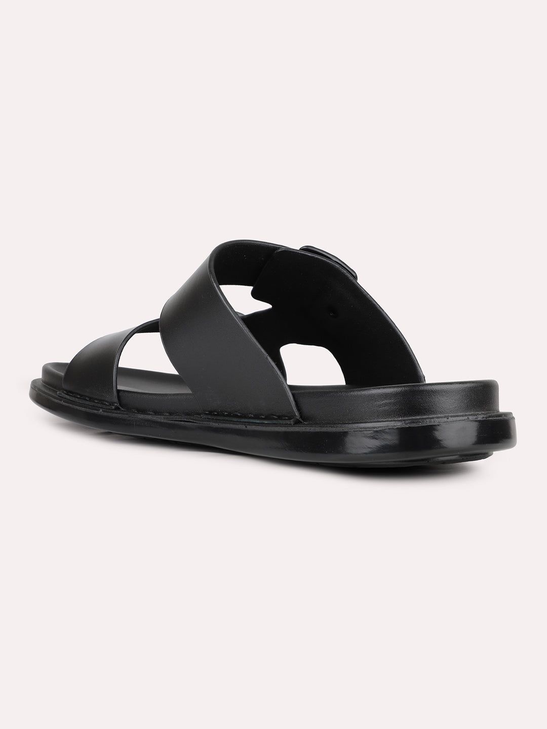 Mens Black Solid Round Toe Casual Flat Sandals