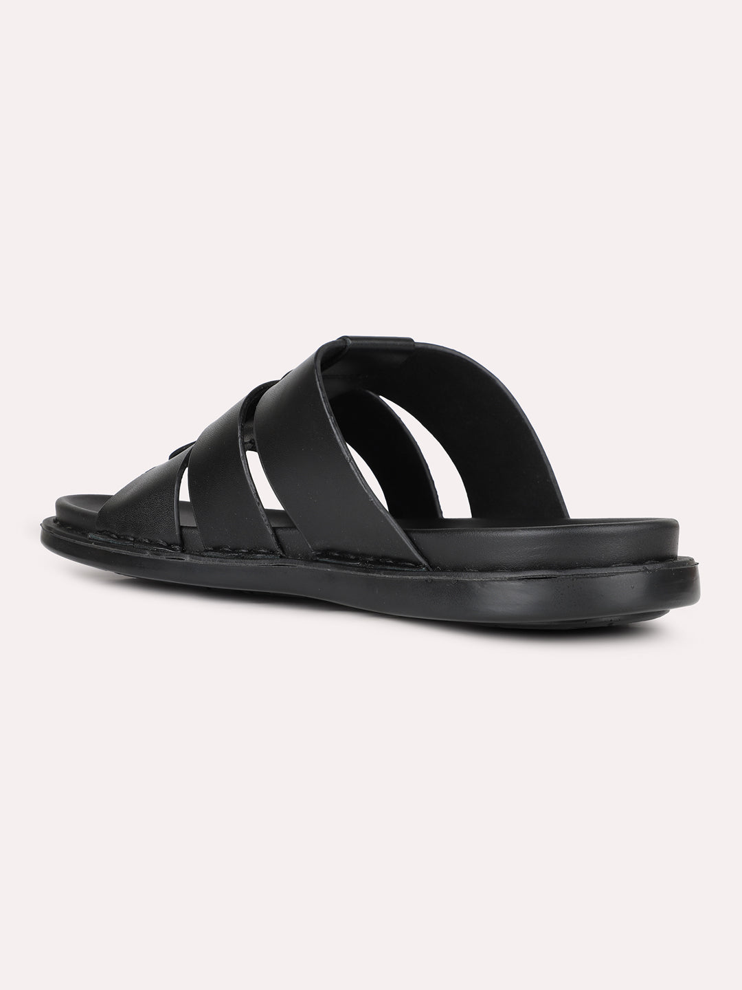 Mens Black Solid Round Toe Casual Slip-On Flat Sandals