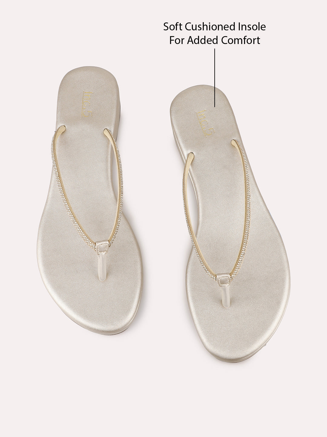 Womens Golden Ethnic Solid T-Strap Flats